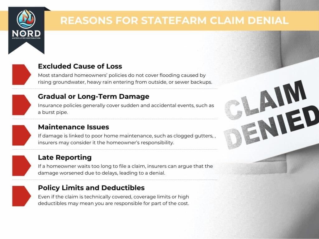 An infographic showing reasons for State Farm Claim Denials for the article State Farm Denied Water Damage Claim 