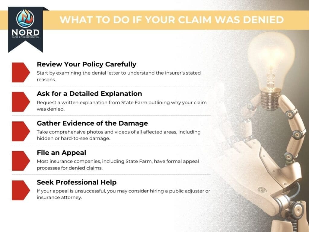 An infographic showing what to do when your claim is denied for the article State Farm Denied Water Damage Claim