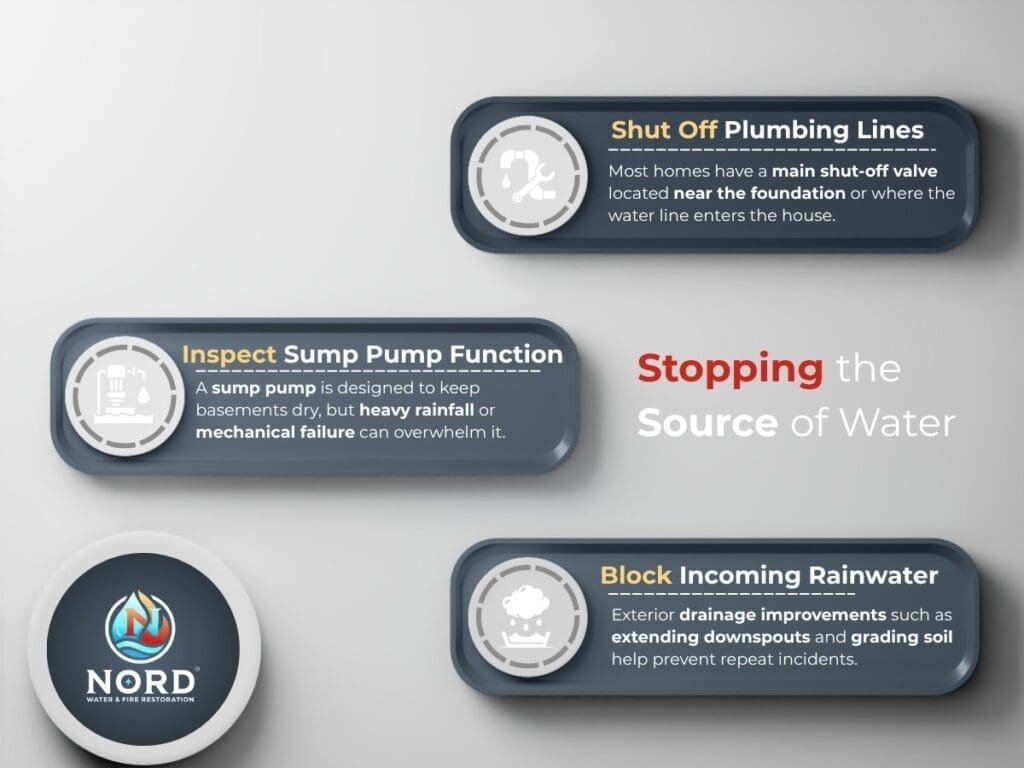 An illustration showing Stopping the Source of Water
 for the article Flooded Basement: What to Do Right Away
