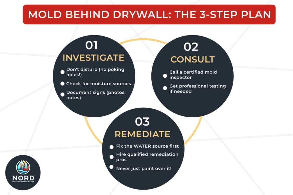 An infographic on The 3 step plan for the article Signs of Mold Behind Drywall
