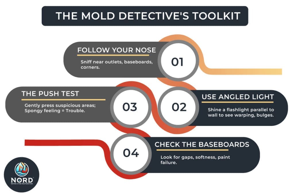An infographic on The mold detective's toolkit for the article Signs of Mold Behind Drywall
