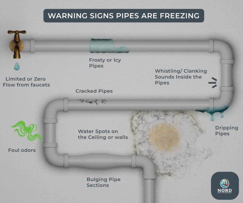 An illustration showing WARNING SIGNS PIPES ARE FREEZING for the article What Temp Do Pipes Freeze?